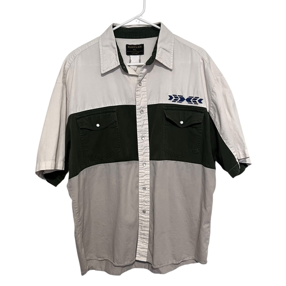 Vintage Rustler Wrangler Pearl Snap Shirt Mens XL Short Sleeve 90s Western Aztec